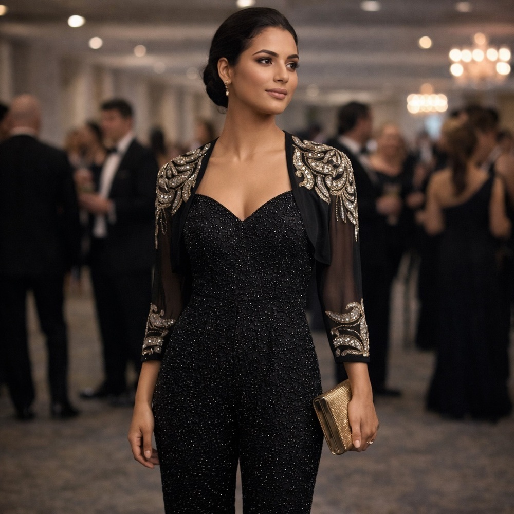 Oleg Cassini Elegant Black Jumpsuit with Gold Accents